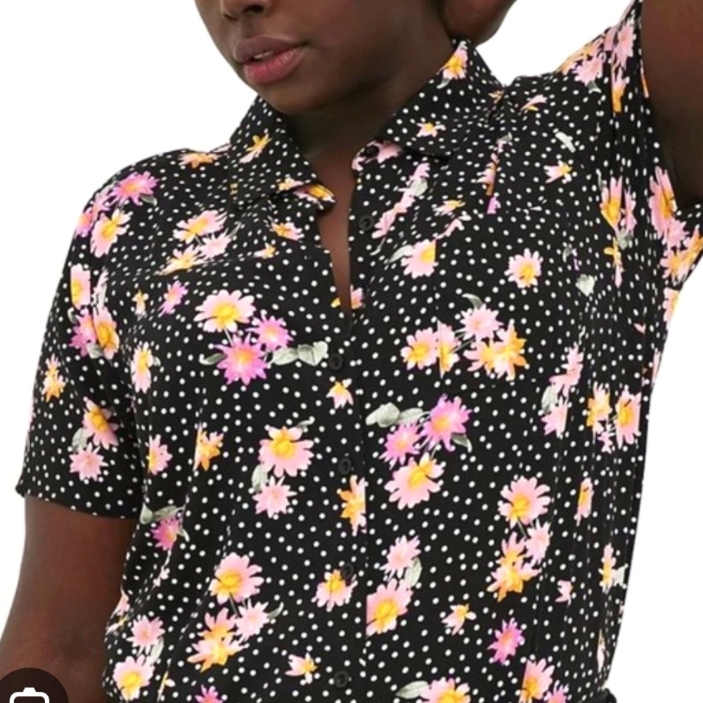 Torrid Black and White Button Down Polo Shirt with Floral Accents
